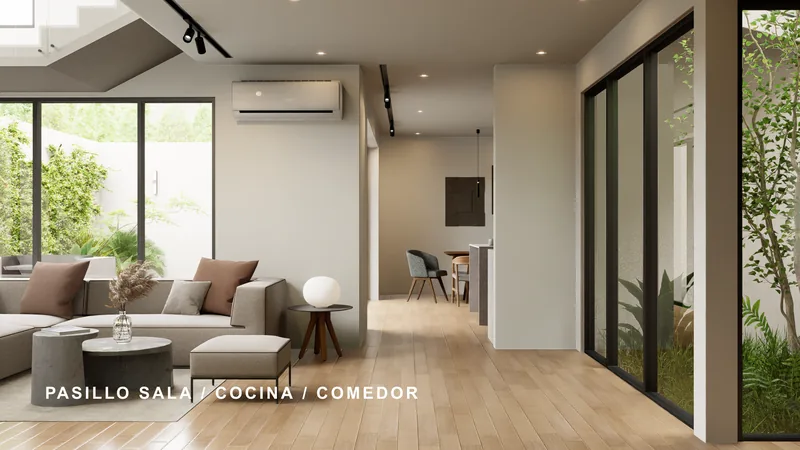 Conexión entre sala, cocina y comedor