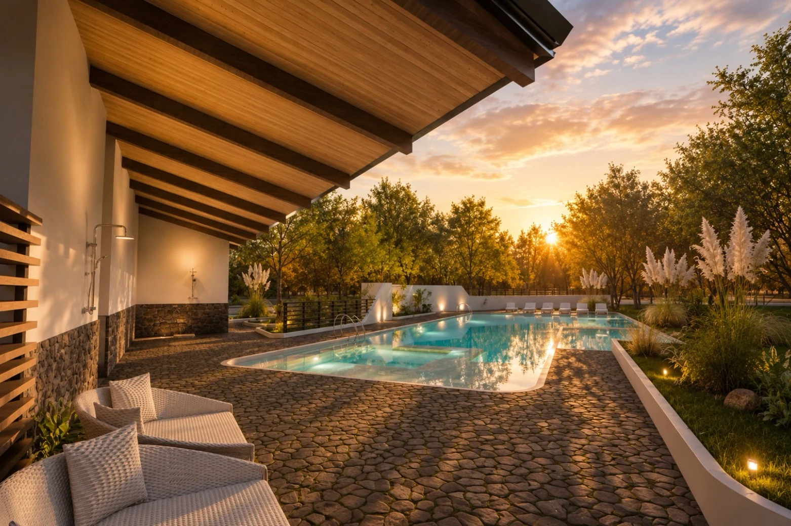 Piscina principal al atardecer